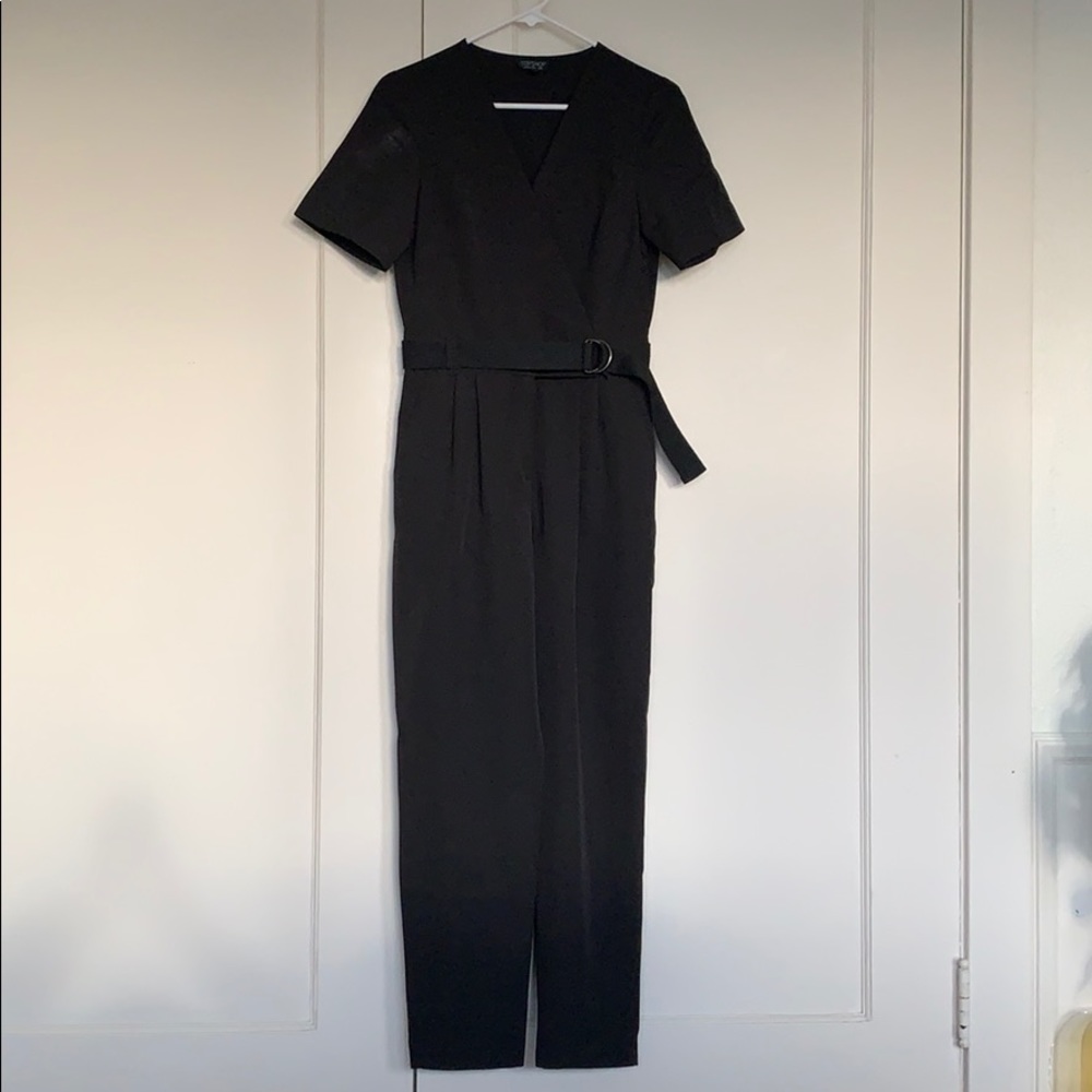 Topshop Black Short-Sleeve Belted Jumpsuit
